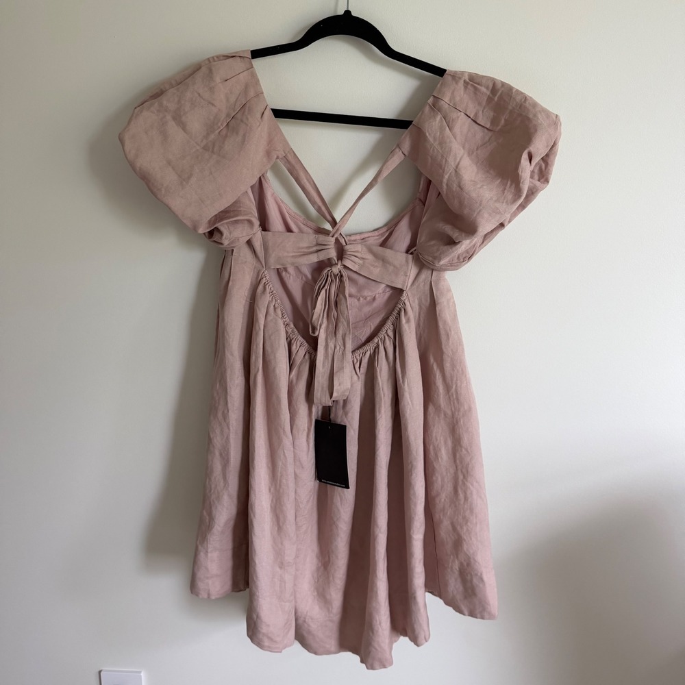 En Saison Dusty Rose Linen Blend Puff Sleeve Open Back Mini Dress Large NWT - Picture 2 of 5